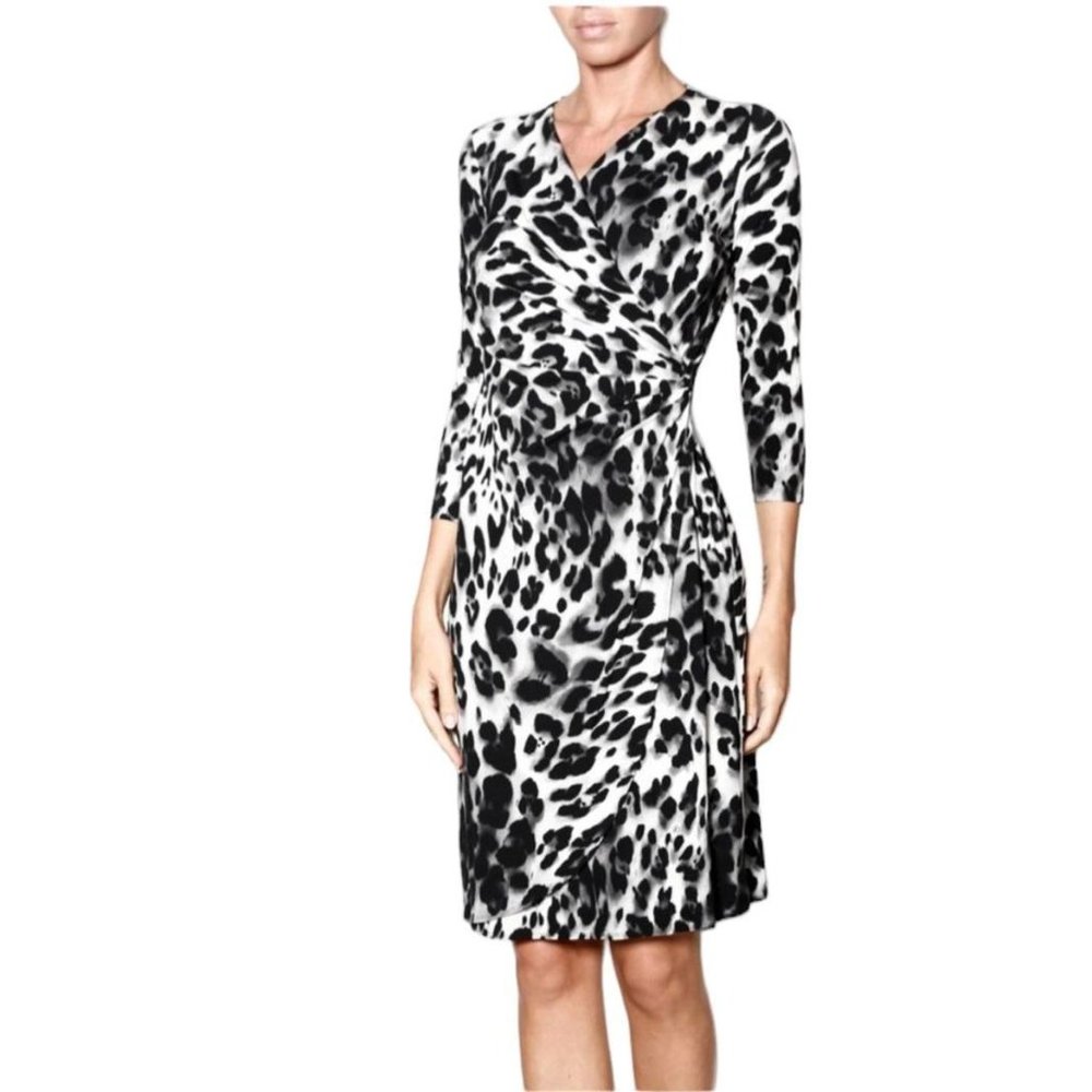 Tommy Bahama Faux Wrap 3/4 Sleeve Dress - Black and White Animal Print - Size Sm